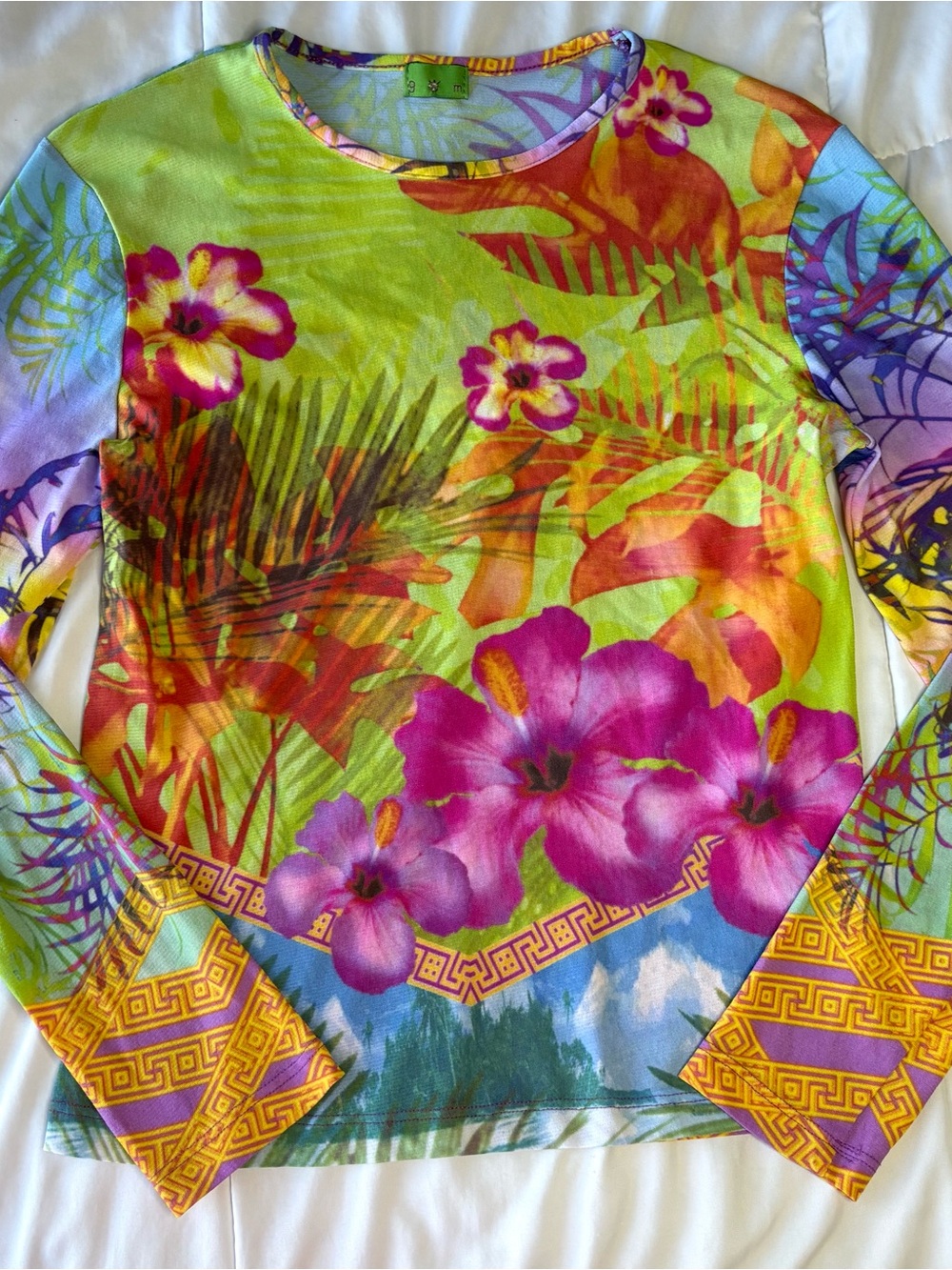 Vintage Y2K Vibrant Tropical Floral Mesh Long-Sleeve Tee in Pink, Green & Purple